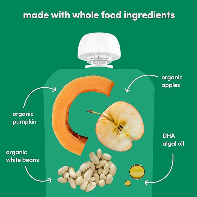Cerebelly Organic Baby Food Pouches, White Bean Pumpkin Apple Purees, 16 Nutrients, No Added Sugar, Fiber & Non-GMO, 4oz, 6 Pack