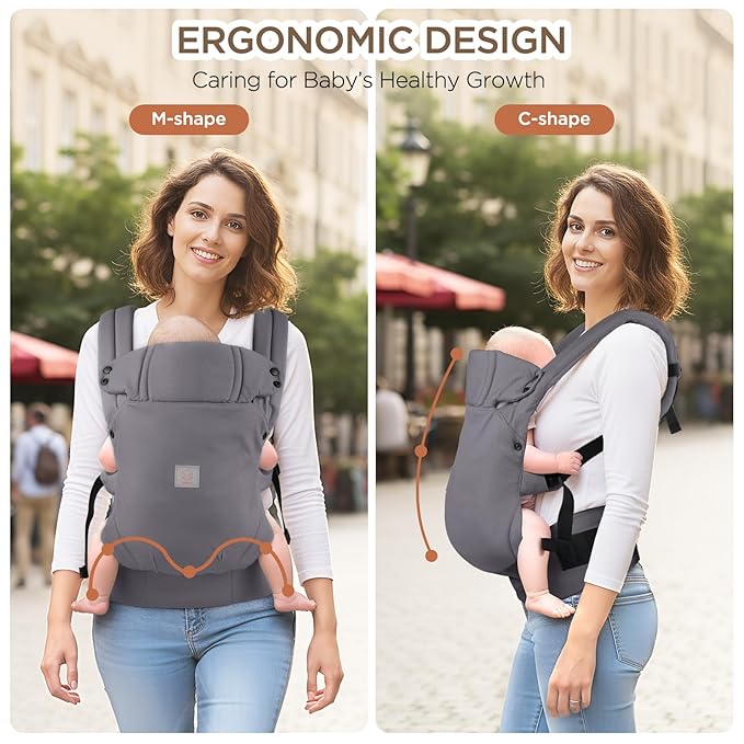 GAGAKU Baby Carier, Lightweight Ergonomic Toddler Carrier for 7-33lbs, Soft Breathable 4-in-1 Carrier with Head Support, Easy to Wear, Hands-Free Comfort, Grey