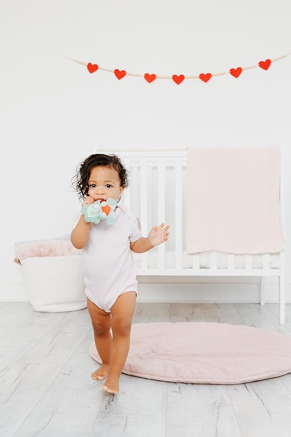 Pearhead Plush Dino Baby Teether with Crinkle Sound, Valentine's Day Gift, BPA-Free Silicone Teething Ring & Soft Sensory Rattle, Infant Gum Soother for Newborns, Dinosaur, 0 Months+