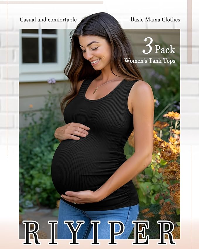 Riyiper 3 Pack Women's Maternity Tank Tops, Sleeveless Cotton Pregnancy Shirts Ribbed Knit Sides Ruched Basic Mama Clothes