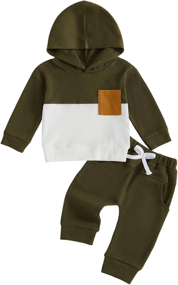 Toddler Baby Boy Hoodies Fall Clothes Waffle Contrast Color Sweatshirt Pant Set Infant Clothes 6 12 18 Months 2T 3T