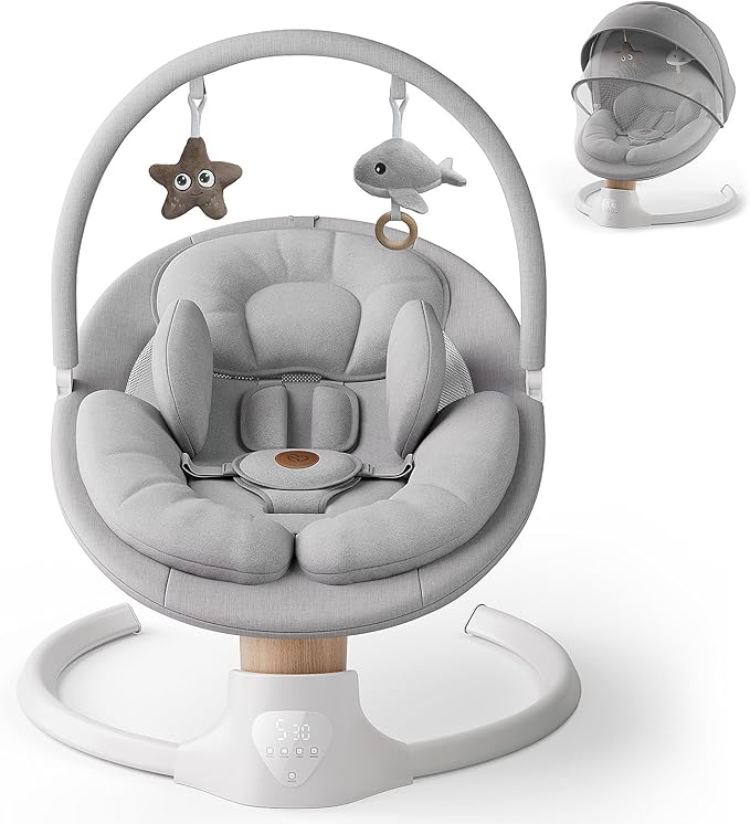 Baby Swings for Infants, FasonBaby Electric Baby Swing with 10 Preset Melodies, 5 Speeds, Remote Control and Bluetooth - Portable Infant Swing for Indoor and Outdoor(Grey)