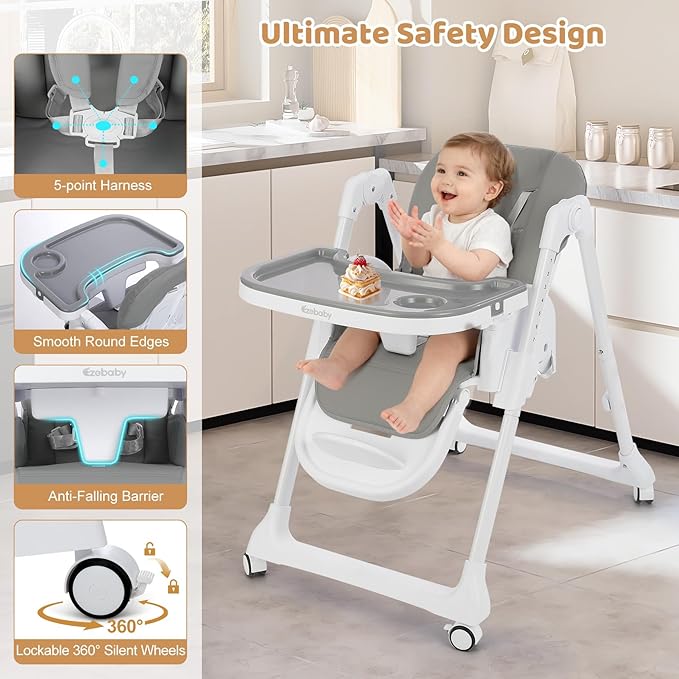 Ezebaby Foldable Baby High Chair, 3-in-1 Convertible High Chairs to Booster Seat, Portable High Chair with Adjustable Height and Recline, Removable Tray & Toy Bar