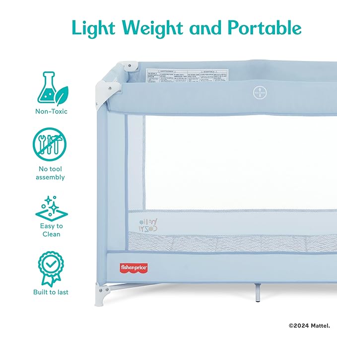 Fisher-Price Play All Day Portable Playard, ASTM Certified, Ideal for Babies & Toddler, One-Hand Fold, Breathable Mesh, Travel Playard with Carry Bag, Easy to Clean - Moonmist