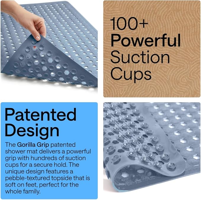 GORILLA GRIP Patented Square Shower Stall Mat, Small Bathtub Floor Mats for Stand Up Showers, Suction Cups and Drain Holes, Machine Wash, Soft on Feet, Bathroom Accessories 21x21 Inch, Sky Blue Opaque