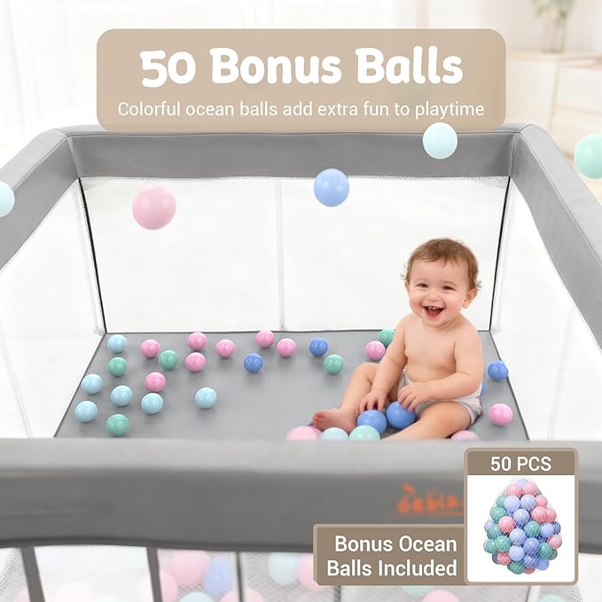 Foldable 50x50 Playpen, Portable Baby Playpen for Babies & Toddlers, Quick Fold Safety Play Yard with Balls, Pull Rings & Carry Bag, Indoor & Outdoor, Grey