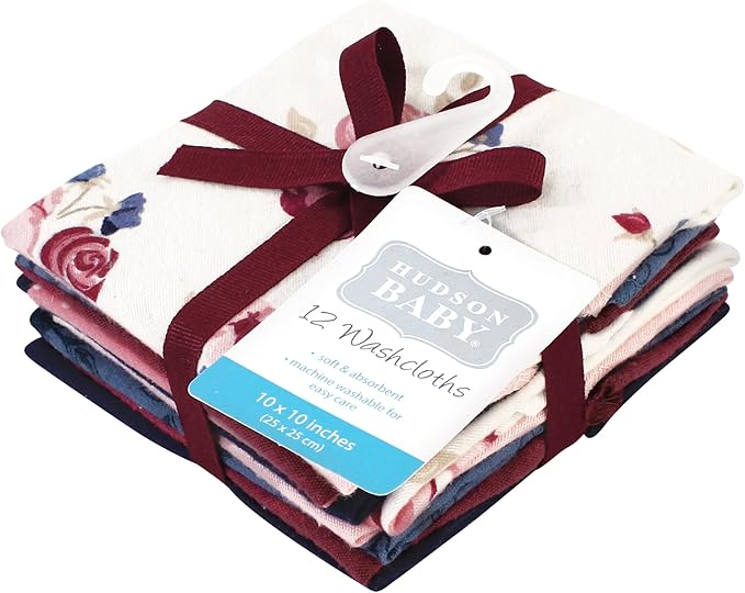 Hudson Baby Unisex Baby Flannel Cotton Washcloths, Dusty Rose Floral 12 Pack, One Size
