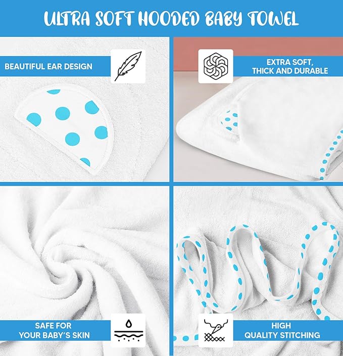 Set of 2 Hooded Baby Towels – White and Blue – Luxurious, Large and Super Absorbent – 30 x 30 Inch – Soft and Suitable for Infants, Toddlers and Kids – 400 GSM