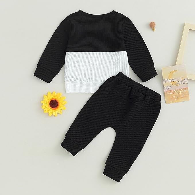 Toddler Baby Boy Fall Outfit Long Sleeve Crew Neck Contrast Color Sweatshirt Top Pant Cute Newborn Infant Waffle Clothes