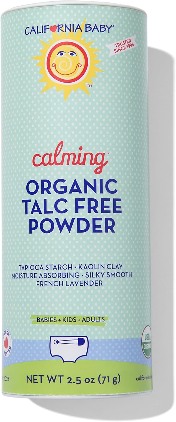 California Baby Powder | Certified Organic Baby Powder Talc-Free | Absorbs Moisture + Anti-Chafing | Lavender Baby Powder Travel Size | 2.5oz / 71g