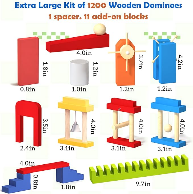 Migargle 1200 PCS Wooden Dominoes Set with 11 Extra Add-on Domino Blocks & Storage Bag - Bulk Dominos Racing Game for Kids | Educational Domino's-Themed Toy