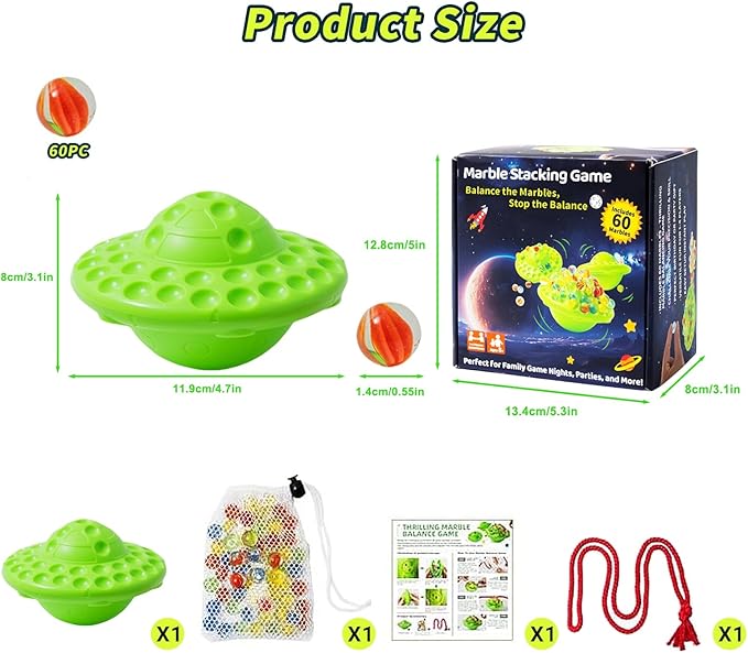 Marble Balance Game for Kids & Adults,60 Colorful Marbles with Storage,Fun Family Party Game for 1-4 Players,Improves Hand-Eye Coordination,Great Gift for Birthdays & Holidays