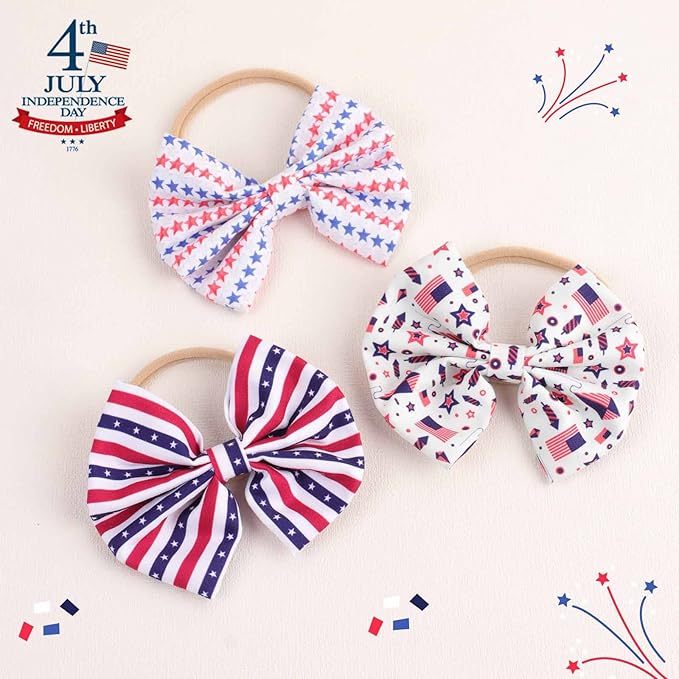 4th of July America Flag Baby Headbands Cheer Bow, Baby Girls Red White Blue Star Spangled Patriotic Hair Bow for Newborns Toddlers Small Children,3 Pcs (America Flag-C)