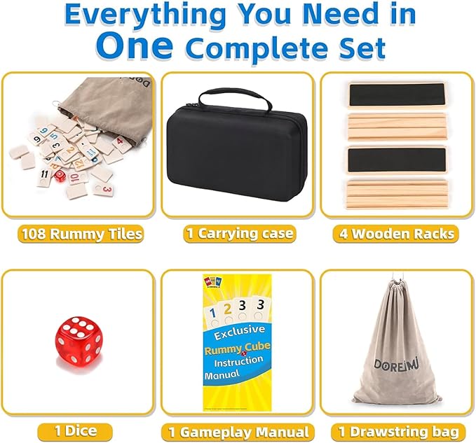 Upgraded Rummy Cube Game Set 4 Players, Travel Family Board Game for Adults and Kids Age 8+,Birthday Gifts for Women Men Dad Mom （108 Tiles+4 Racks ）