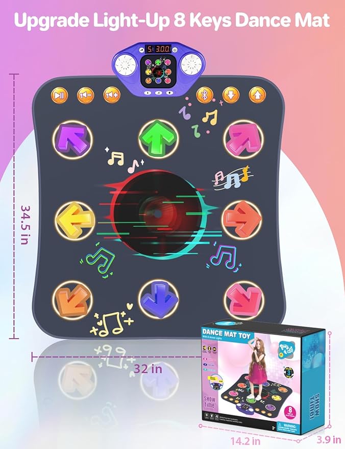 Dance Mat Toys for 3-12 Year Old Kids,Bluetooth Dance Pad with Light-Up 8 Keys,Interactive Dance Game with 4 Modes,Non-Slip & Built-in Music,Christmas Birthday Gift for Girls,Boys,Blue