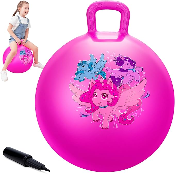 ZOOJOY Hopper Ball for Kids, 18 Inch Bouncy Ball with Handle, Pink Unicorn Girls Toys for Indoor Outdoor Acitve Play with Pump, Best Inflatable Balance Toys for Girls Boys Gifts 3 4 5 6 7 8 Years Old