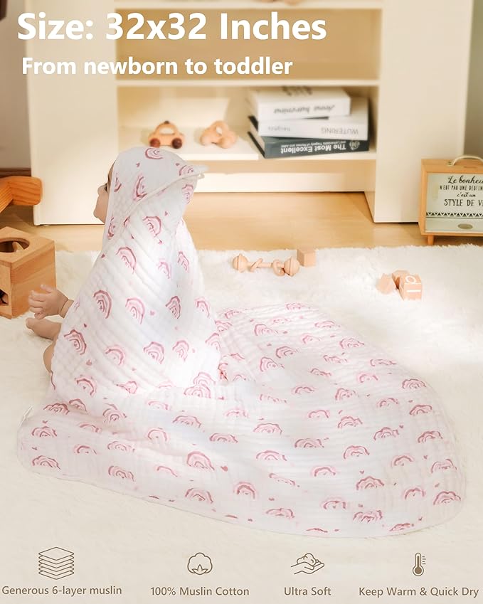 Baby Girl Bath Towels, 100% Muslin Cotton Hooded Baby Towels for Newborn, 2 Pack Baby Towels with Hood for Infant Toddler and Kids, Large 32x32Inch Bath Essentials, Soft and Absorbent