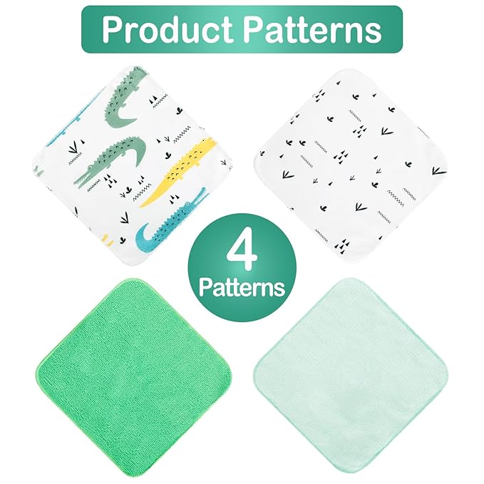 Baby Washcloths, 24Pack Baby Wash Cloths Extra Soft & Ultra Absorbent, Baby Towels and Washcloths Face Towels for Unisex Boys Girls Body, Washclothes Gentle on Sensitive Skin, 9x9 Green Crocodile