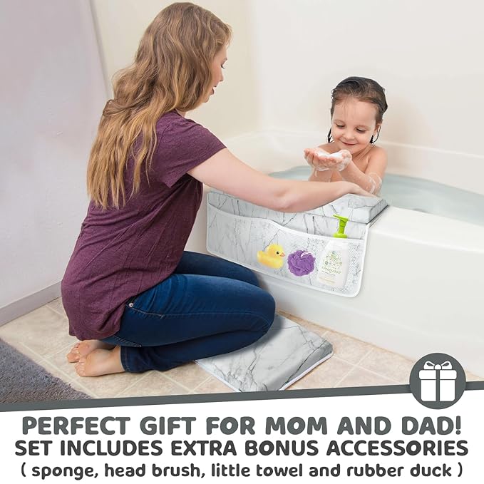 Sleepah Bath Kneeler and Elbow Kneeling Rest Pad Set for Baby Bathing – Waterproof Soft Memory Foam Mat Organizer Babies & Toddler Bathing Time Toys Sponge (Marble)