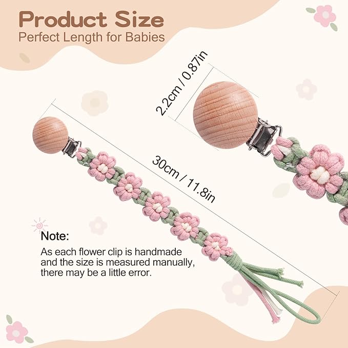 Pacifier Clip for Boys Girls Floral Daisy Macrame Paci Clip Pacifier Holder Leash Boho Wooden Clips Handmade Braided Cotton Unisex Baby Shower Birthday Gift