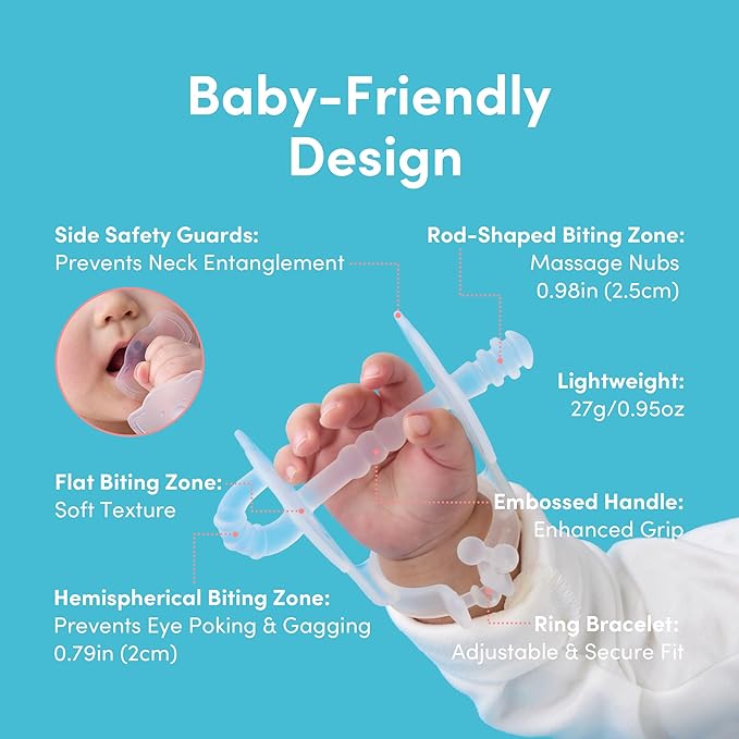 Premium Baby Hand Teether – Soft & Hygienic Soothing Aid for Teething Discomfort in Babies 3-12 Months, BPA-Free LSR Silicone, Adjustable Wristband, Easy to Clean, Made in Korea