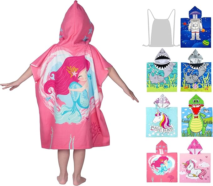 Hooded Kids Beach Towels - Toddler Bath Towel Girls Boys Swim Cover-ups for Ages 4 to 10 Kids Pool Towels Quick Dry Lightweight Soft Microfiber Poncho 30x30 with Bag (Mermaid Smile)