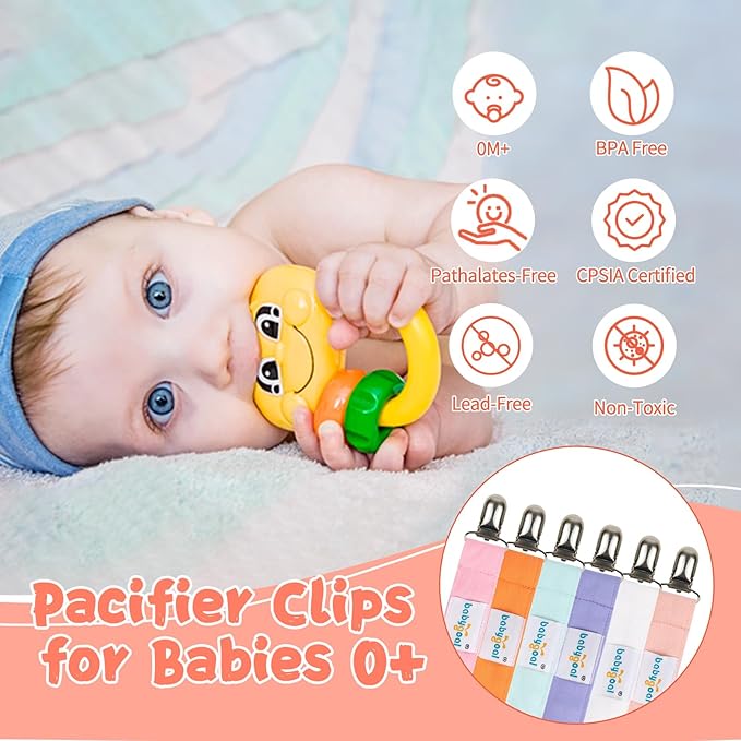 babygoal Baby Girl Pacifier Clips, 6 Pack Solid Color Pacifier Holder Clips for Boys and Girls Fits for Most Pacifier Styles and Binkies 6MP23