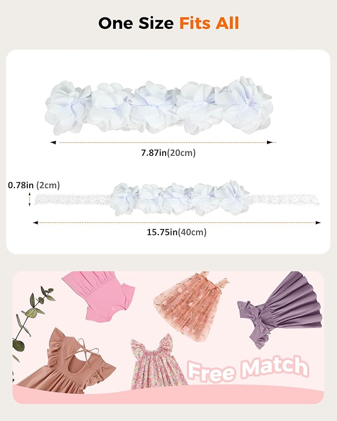 Fmeida Baby Girls Headbands for 4-24M | Soft Flower Crown (Fits 14.96"-18.89" Head)