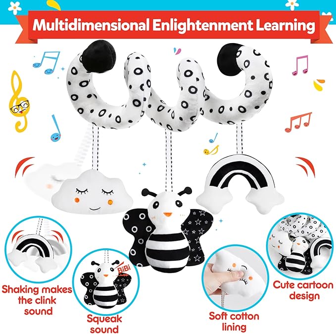 Baby Spiral Hanging Stroller and Car Seat Toys Black and White High Contrast Sensory Toy Newborn Plush Activity Toys Party Favors Quality Gifts for Baby Shower Valentine's-BEE