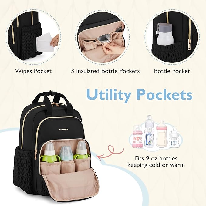 mommore Diaper Bag Backpack, Stylish Travel Baby Bag with Insulated Pockets, Changing Pad and Stroller Straps for Toddler (L-Black, Large-27L)