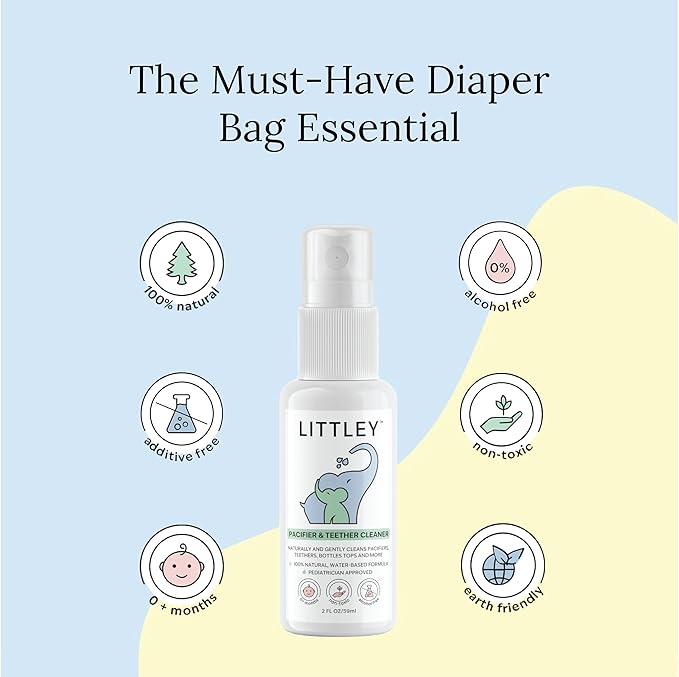 Littley Pacifier & Teether Cleaner | 2 oz | Alcohol‑Free HOCl Spray for Baby Pacifiers, Teethers, Bottles & High‑Touch Toys | Fragrance‑Free | Portable Travel Size
