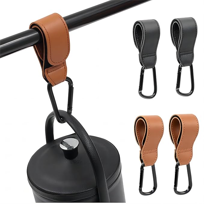 4PCS Stroller Hook Accessories, Multipurpose Stroller Bag Hooks, Leather Stroller Clips for Diaper Bags Pet Carts Grocery Shopping Bags(Black and Brown)