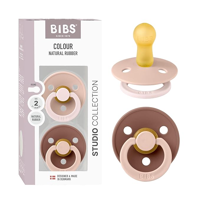 BIBS Colour Studio Pacifier 2-Pack, BPA Free, Round Nipple. Natural Rubber Latex, Made in Denmark, Size 2 (6-18 Months) - Blush/Woodchuck