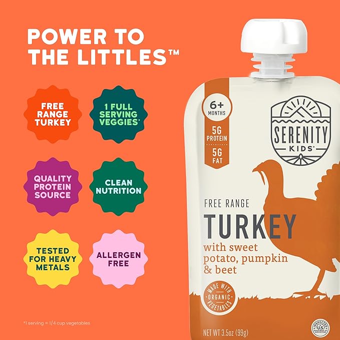 Serenity Kids 6+ Months Organic Turkey Baby Food Pouches - 5g Protein Pouch for Toddler Snacks - No Added Sugar Pumpkin Puree Toddler Meals - BPA-Free On-the-Go for Baby Essentials - 3.5 Oz, 6 Pack
