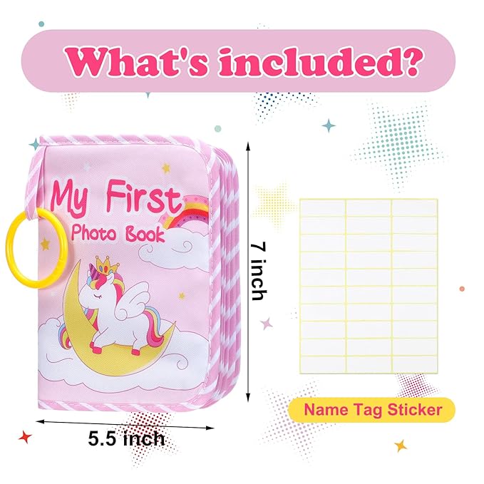 Baby Photo Album Holds 17 4x6 Pictures My First Soft Cloth Family Photo Book with Name Tag Stickers Fabric Kid Memory Keepsake Gift for Newborn Toddler Boy Girl Baby Shower(Pink Unicorn)
