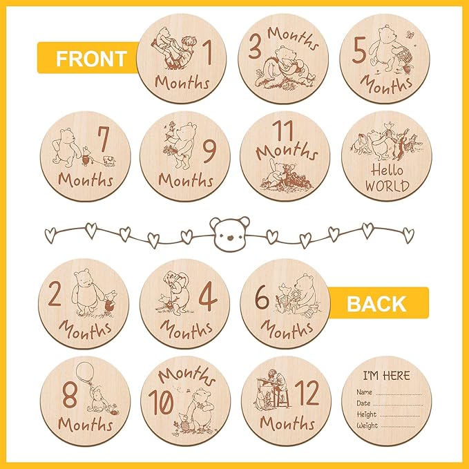 7 Pcs Winnie Baby Monthly Milestone Markers, Winnie Double Sided Winnie Baby Months Wooden Signs with Storage Bag, Winnie Baby Shower Gifts, Winnie Baby Monthly Announcement Wooden Discs, Winnie Gifts