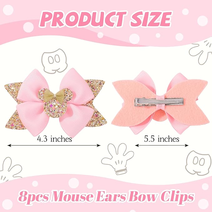 8PCS Mouse Ears Hair Bow Clips, 4 Inch Toddler Girls Polka Dot Hair Accessories, Birthday Party Decoration for Baby Toddler Girls