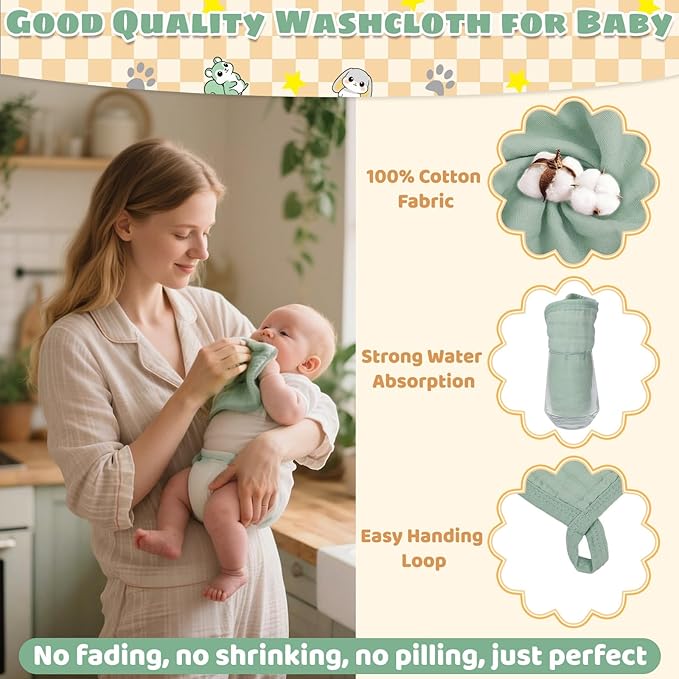 6 Pcs Muslin Hooded Baby Bath Towels Sets - 2 Pack 100% Cotton Baby Towel & 4 Pack Muslin Washclothes- 32x32Inch Baby Towels Cotton for Babies, Infants, Toddlers, 100% Cotton, Bath Essentials