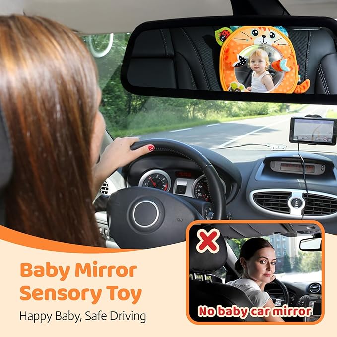 Jollybaby Car Seat Crib Stroller Play Gym Hanging Toy for Baby 0-3-6-12 Months, Tummy Time Mirror Toys Gifts for Newborn Infants, Carseat Travel Toy for Road Trip - Cat