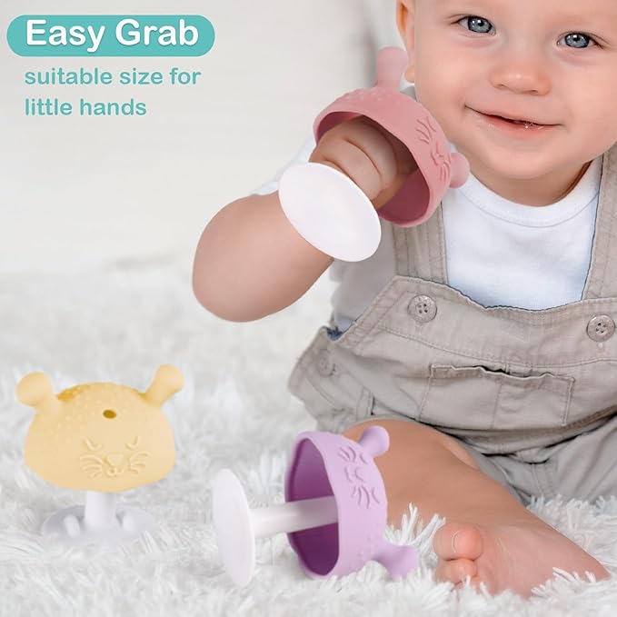 BumbleBee Silicone Teething Toys Set 3M+, BPA-Free & Easy to Grip Baby Teether with Suction Base, Infant Teething Relief Toy - 3PCS (Pink+Purple+Yellow)