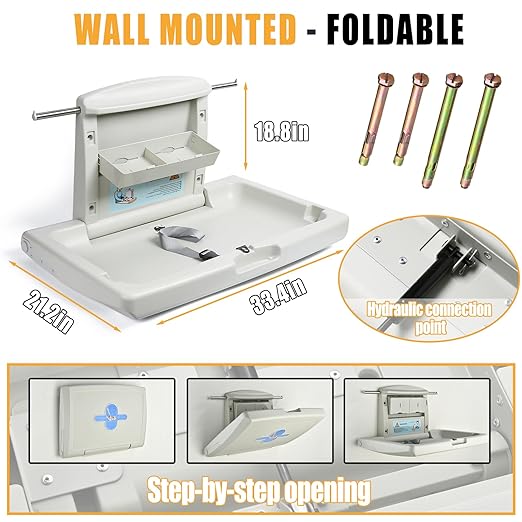 PXNTLA-Wall Mounted Commercial Baby Changing Station, Foldable Diaper Change Table for Public Bathroom with Adjustable Safety Strap, Dual Side Hooks & Foldable Storage Boxes