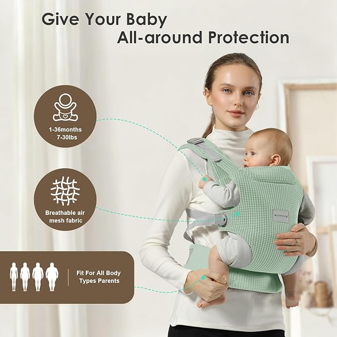 Baby Carrier Newborn to Toddler, Easy Adjustable Toddler Carrier for 7-30lbs, Baby Holder Wrap Carrier, Breathable Mesh Fabric Infant Kangaroo Hip Carriers with Lumbar Support, Green