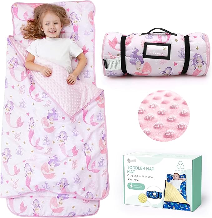ACRABROS Toddler Nap Mat with Pillow and Blanket, Large Rolled Napping Mats,Slumber Bags for Boys Girls,Kids Sleeping Bag for Daycare, Preschool Travel