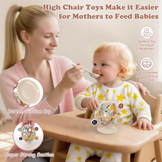 TYRY.HU Silicone Baby Teething Toys for Babies 0-6 6-12 Months, Multi Purpose High Chair Toys, Baby Suction Table Toys, Montessori Sensory Toys with Rattle for Teething Relief, Gift for Infant, Khaki