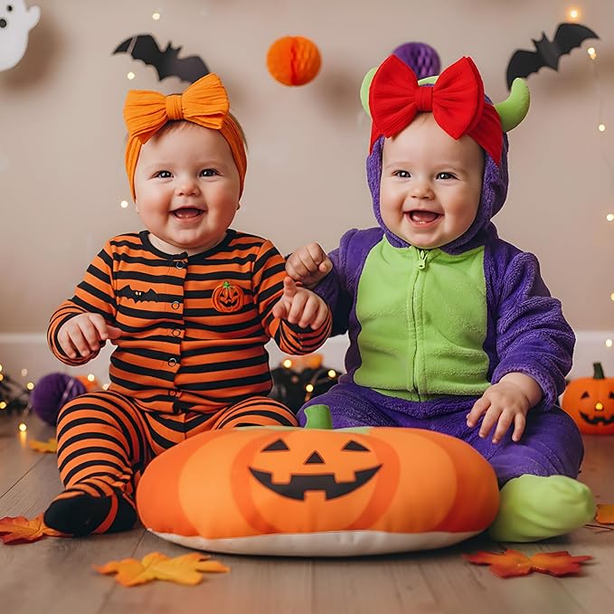 Halloween Baby Girl Bows Newborn Headband Stretchy Double Bows Soft Infant Toddlers (Red& White& Orange)
