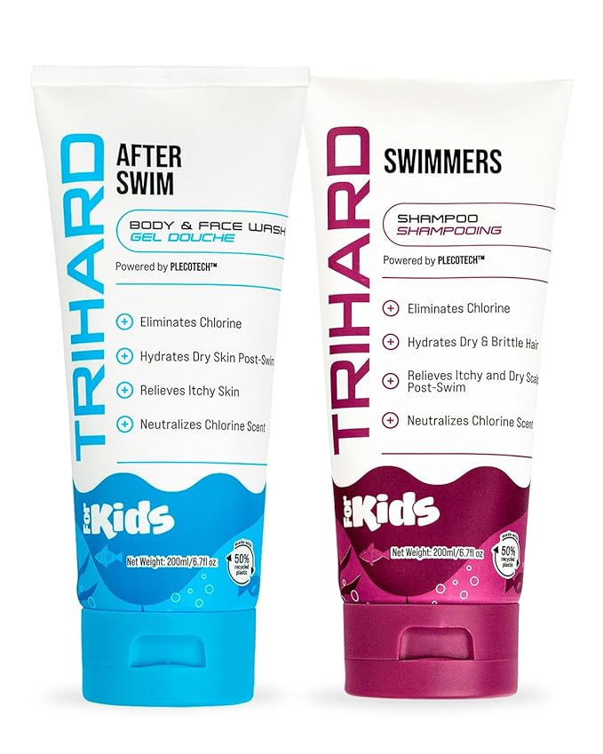 TRIHARD Kids Chlorine Removal Kit, Shampoo, Face and Body Wash Set for Children’s Hair and Skin, Gentle Post-Swim Cleanser for Pool & Ocean