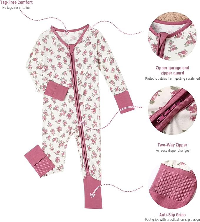 OPAWO Viscose from Bamboo Baby Pajamas Girl 2pack Mittens Cuff 2 Way Zipper Soft Footless Sleeper Baby Boy One-Piece Romper
