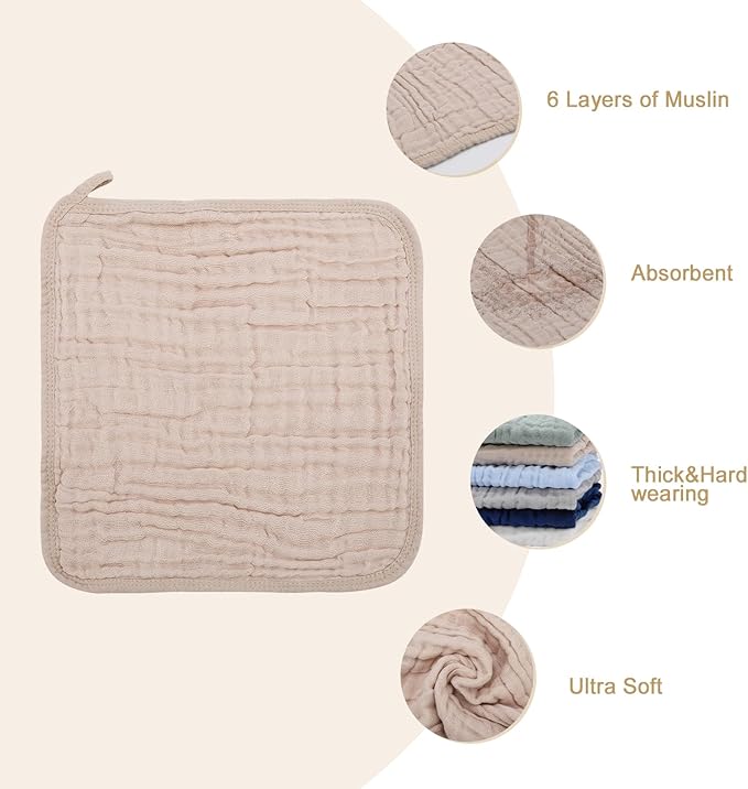 Synrroe 10 Pack Muslin Cotton Baby Washcloths – 12×12 Inches Soft & Absorbent Newborn Face Body Towels – Multicolor Baby Wash Cloths, Registry Essentials