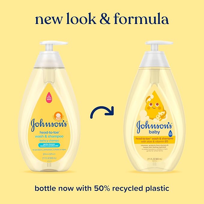 Johnson's Baby Head-To-Toe Baby Wash & Shampoo + Aloe & Vitamin B5, 2-in-1 Bath Wash Gently Cleanses Newborn's Delicate Skin & Hair, Hypoallergenic, No Added Parabens, Dyes & Sulfates, 27.1 fl. oz