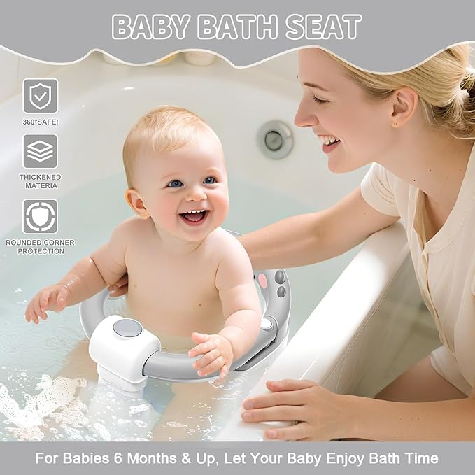 TPN Baby Bath Seat for Babies 6 Months & Up, Non-Slip Toddler Bath Seat with 5 PCS Waterproof Emoji Stickers, Portable Infant Bath Seat for Baby(Grey)